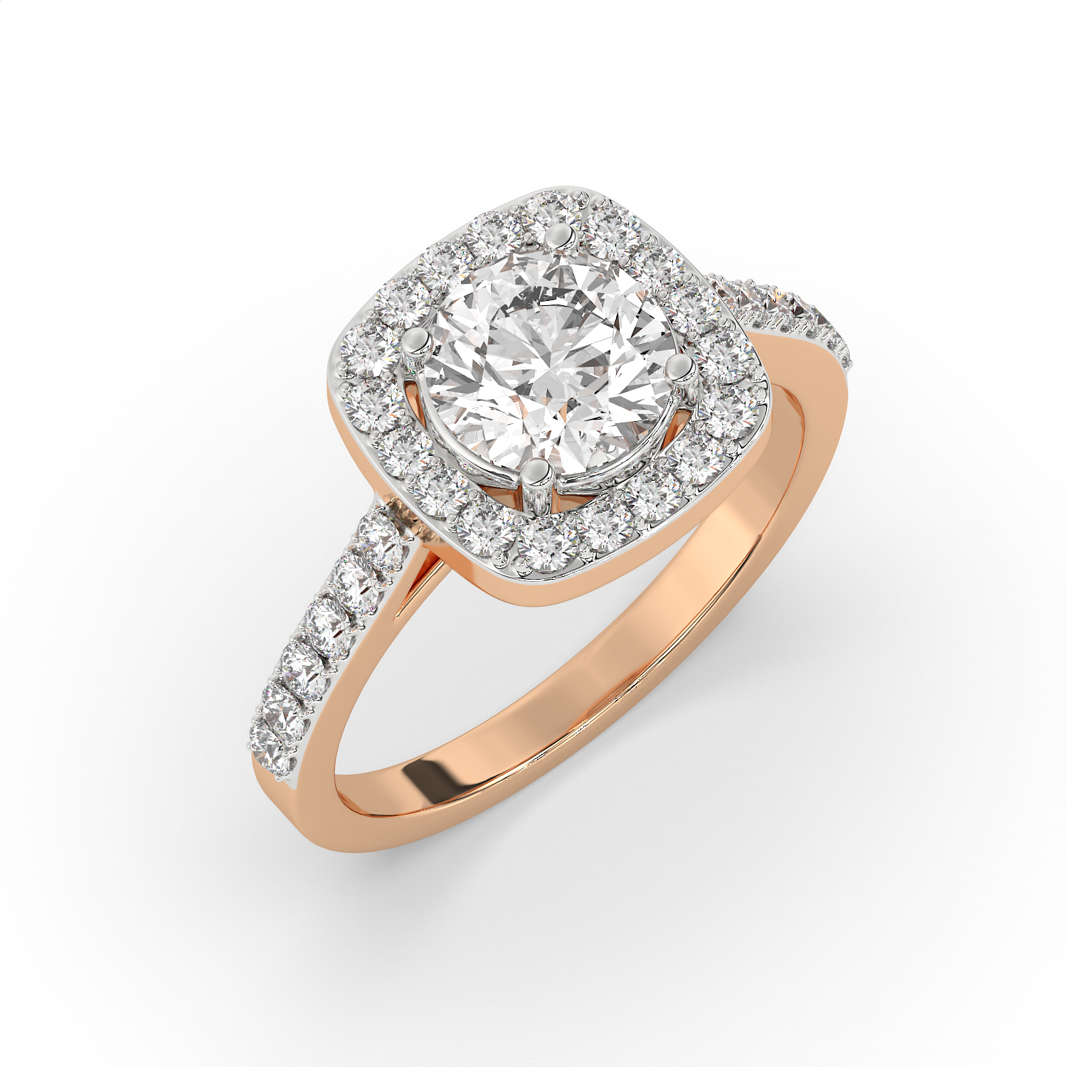 1.5 CT Round Cut Moissanite Halo Engagement Ring with Pavé Side Accents in 925 Sterling Silver with 14K Gold Vermeil Plating