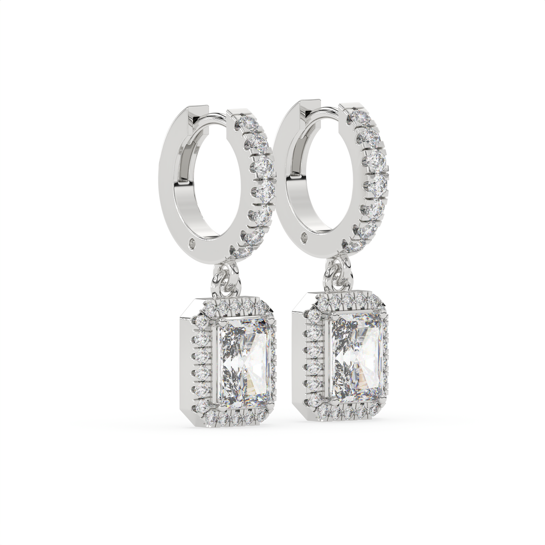 2.30 CT Emerald Cut Moissanite Halo Drop Earrings in 925 Sterling Silver with Gold Vermeil