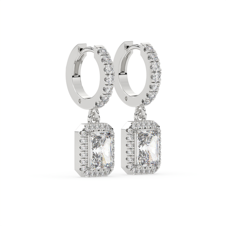 2.30 CT Emerald Cut Moissanite Halo Drop Earrings in 925 Sterling Silver with Gold Vermeil