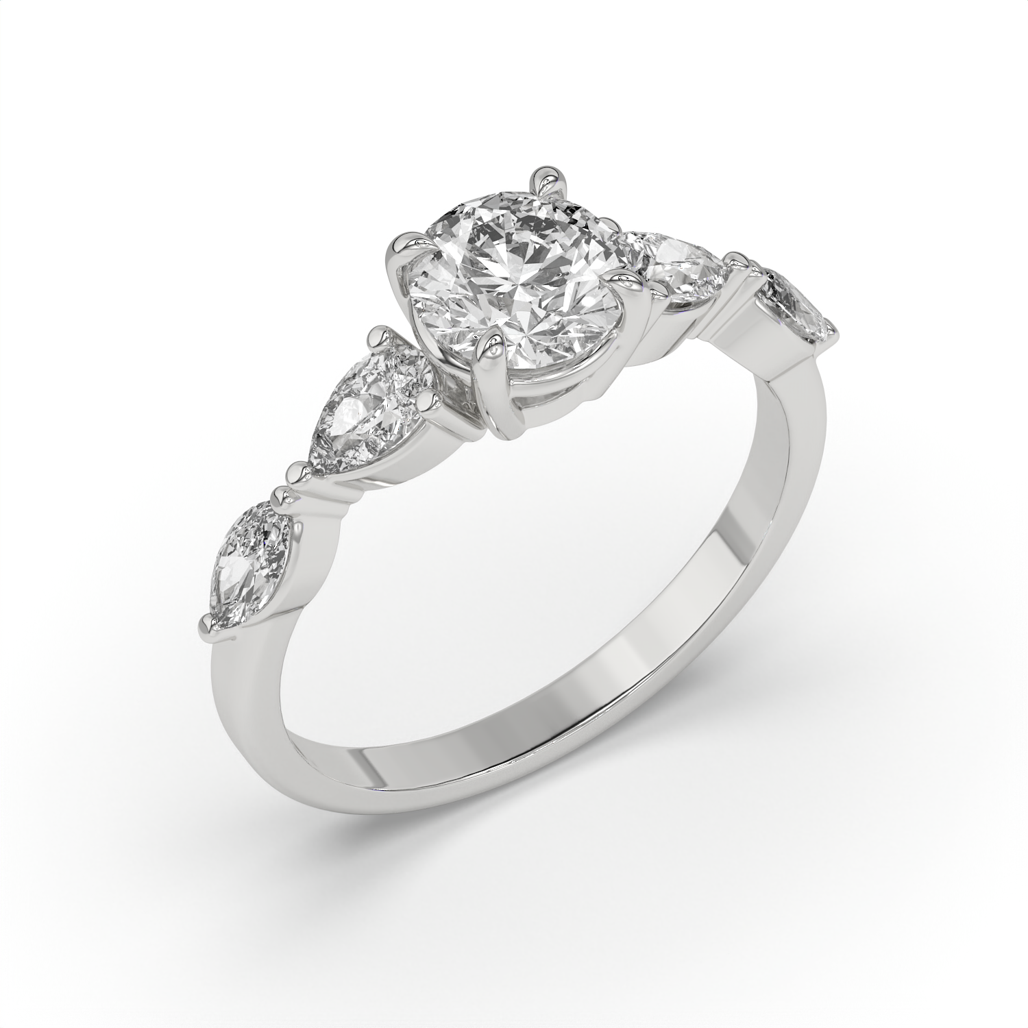 1.5 CT Round Brilliant Cut Moissanite Engagement Ring with Marquise & Pear Side Stones in 925 Sterling Silver