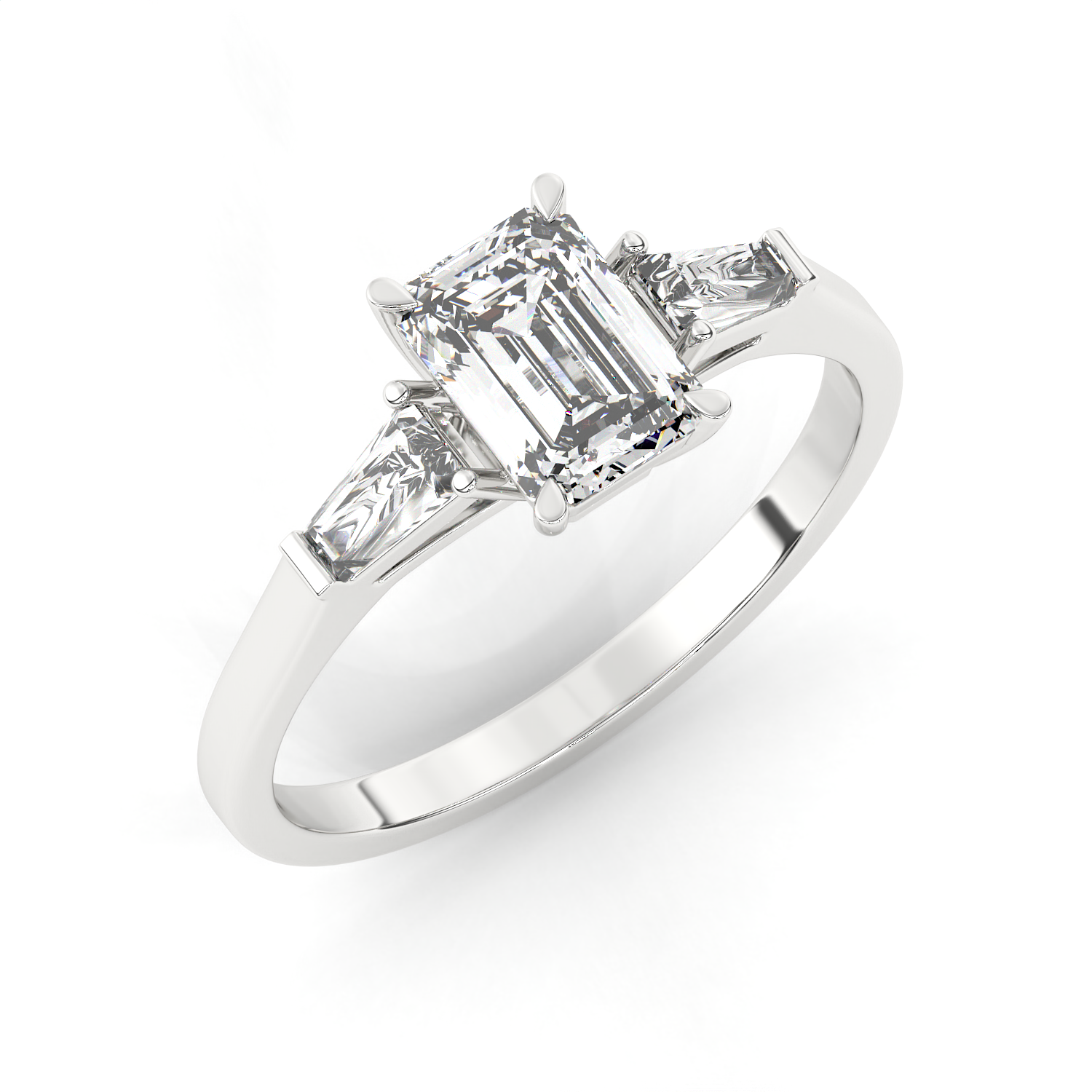 1.3 CT Emerald Cut Moissanite Trilogy Engagement Ring with Tapered Baguette Side Stones in 925 Sterling Silver