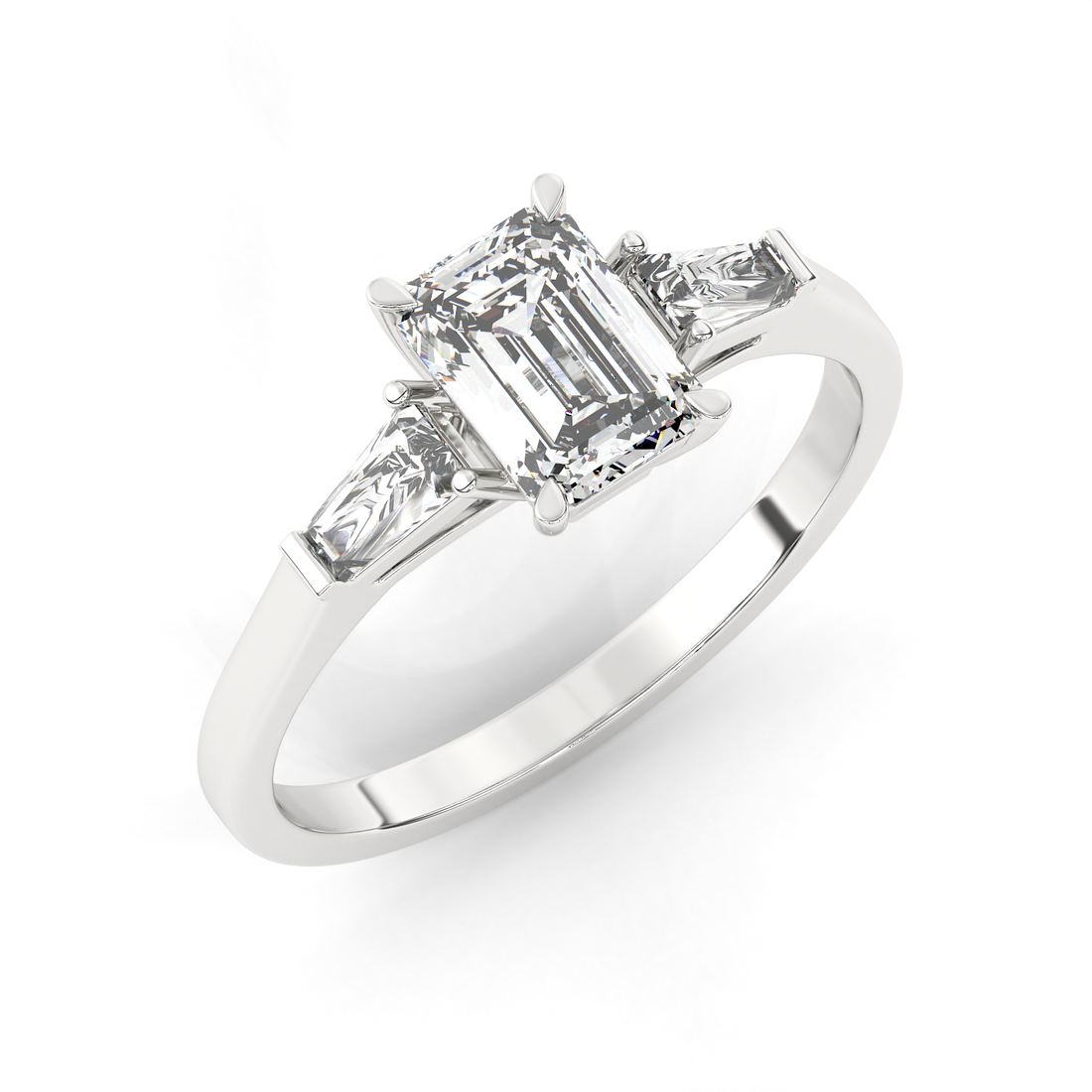 1.3 CT Emerald Cut Moissanite Trilogy Engagement Ring with Tapered Baguette Side Stones in 925 Sterling Silver