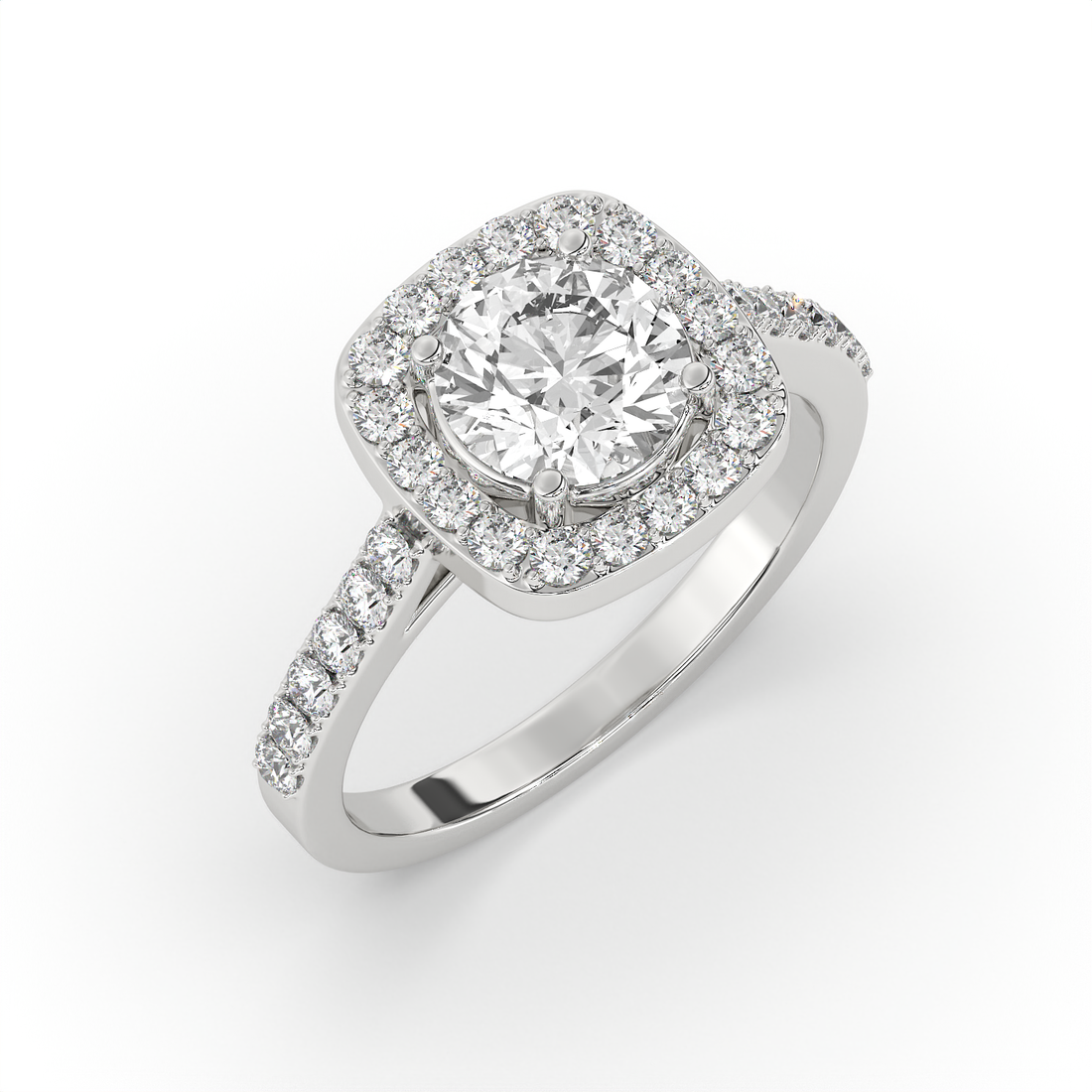 1.5 CT Round Cut Moissanite Halo Engagement Ring with Pavé Side Accents in 925 Sterling Silver with 14K Gold Vermeil Plating