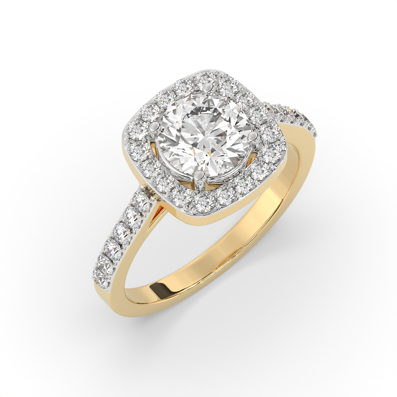 1.5 CT Round Cut Moissanite Halo Engagement Ring with Pavé Side Accents in 925 Sterling Silver with 14K Gold Vermeil Plating