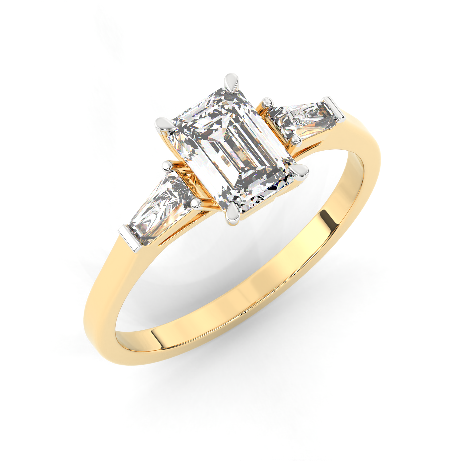 1.3 CT Emerald Cut Moissanite Trilogy Engagement Ring with Tapered Baguette Side Stones in 925 Sterling Silver