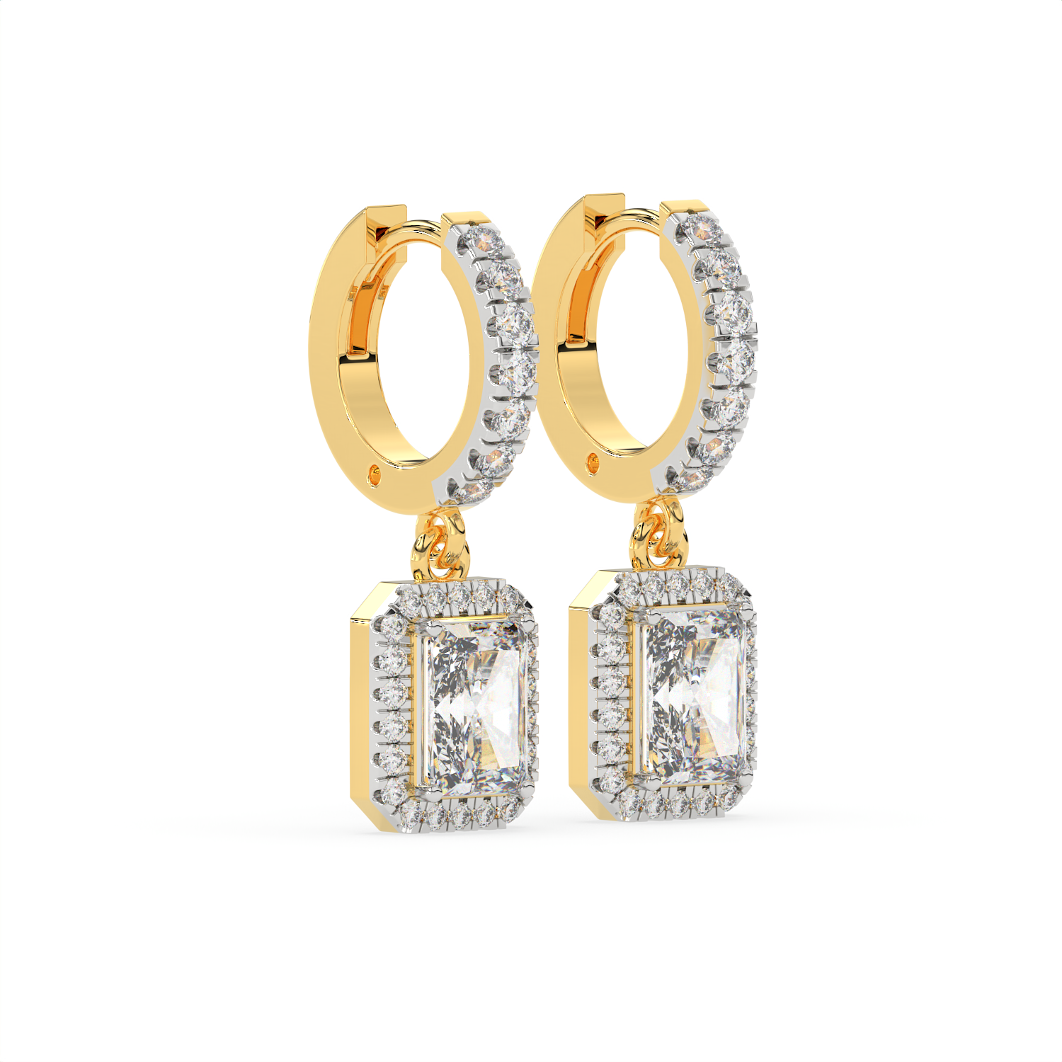 2.30 CT Emerald Cut Moissanite Halo Drop Earrings in 925 Sterling Silver with Gold Vermeil