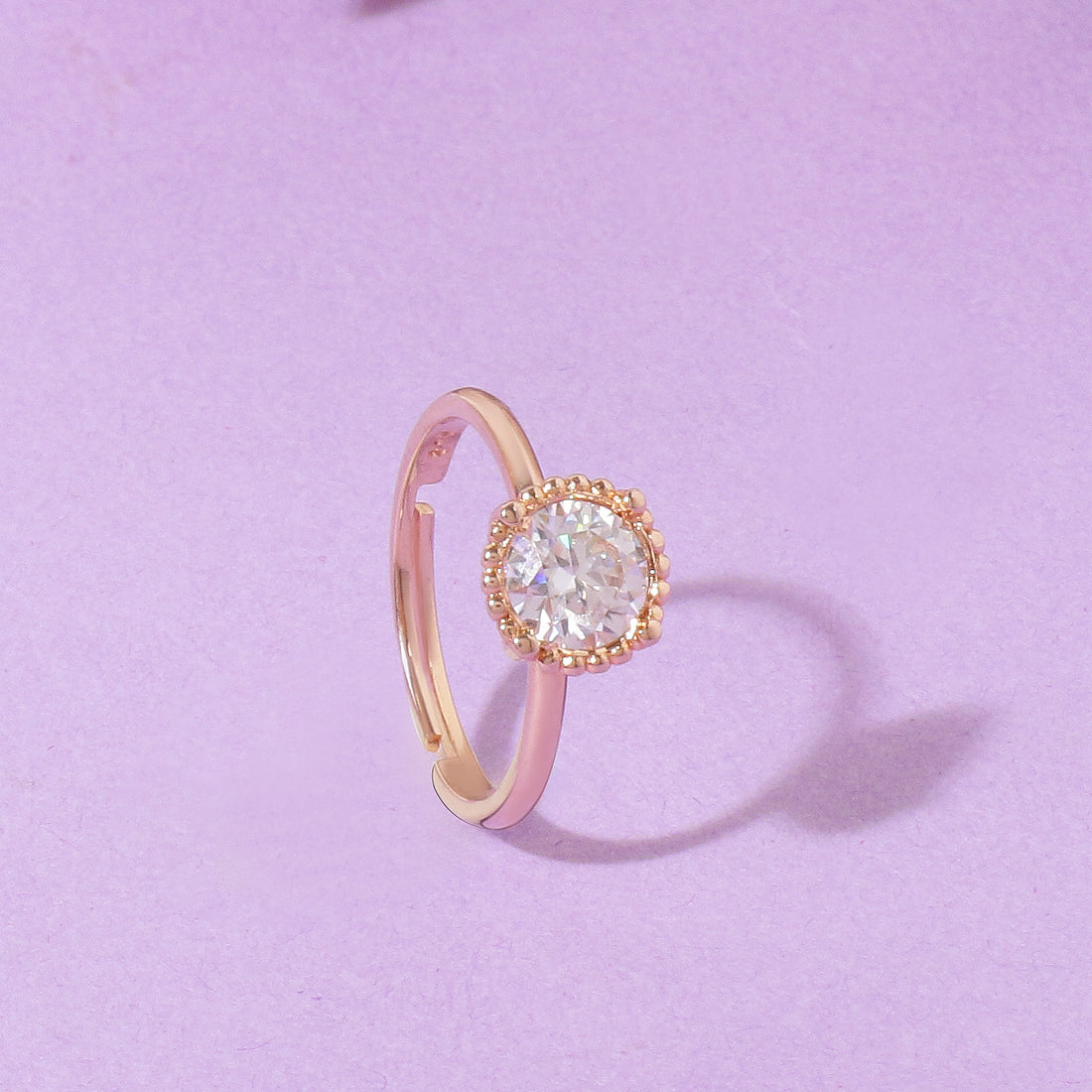 Round Moissanite Beaded Solitaire Ring - 1 Carat In 14K Rose Gold Plated (Adjustable)