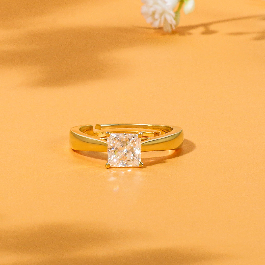 Princess Moissanite Four Prong Solitaire Ring - 1 Carat In 14K Yellow Gold Plated (Adjustable)