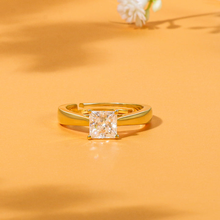 Princess Moissanite Four Prong Solitaire Ring - 1 Carat In 14K Yellow Gold Plated (Adjustable)