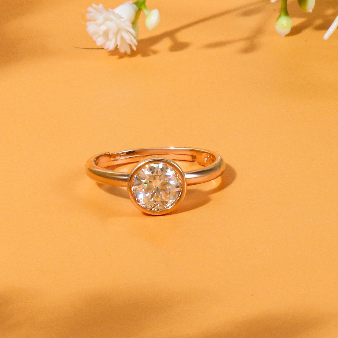 Round Moissanite Bezel Set Solitaire Ring - 1 Carat In 14K Rose Gold Plated (Adjustable)