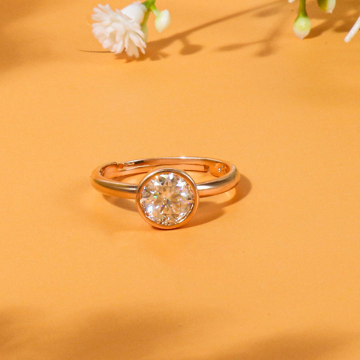 Round Moissanite Bezel Set Solitaire Ring - 1 Carat In 14K Rose Gold Plated (Adjustable)