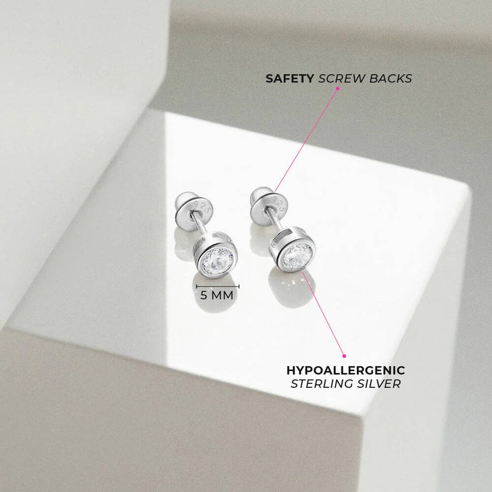 Sterling Silver Round Bezel Stud Earrings for Girls with Cubic Zirconia