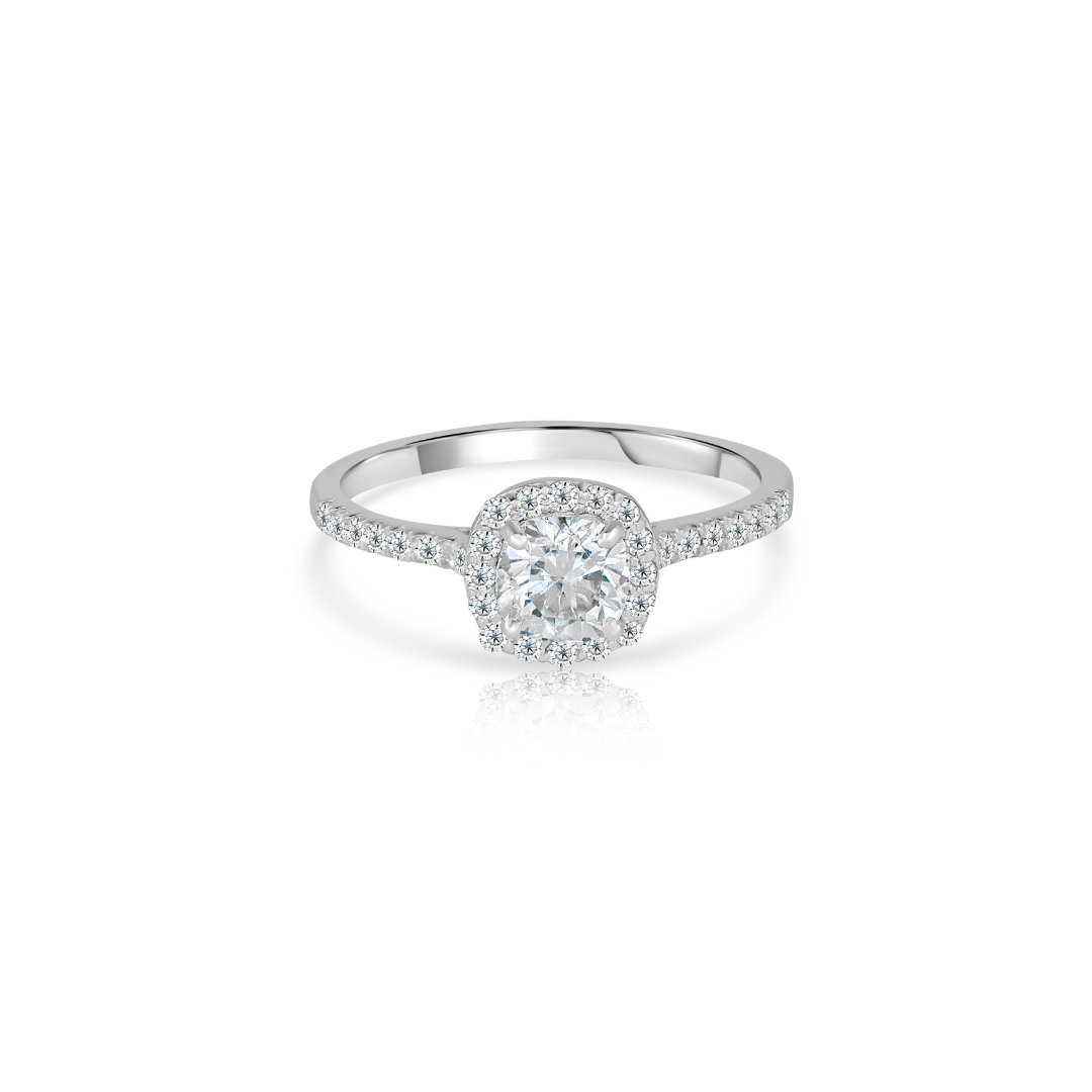 Cushion Moissanite Halo with Side Accents Ring - 1 CARAT in 14K Yellow Gold Plated