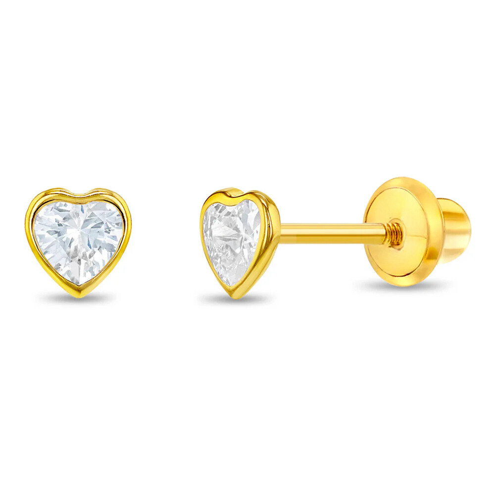 Bezel Set Cubic Zirconia Heart Stud Earrings for Baby Girls in 14K Gold Plated Sterling Silver