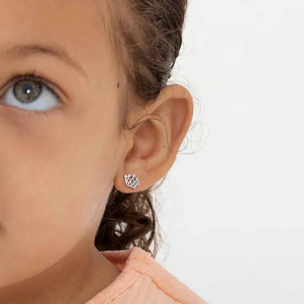 Sterling Silver 5-Point CZ Crown Earrings for Girls with Cubic Zirconia