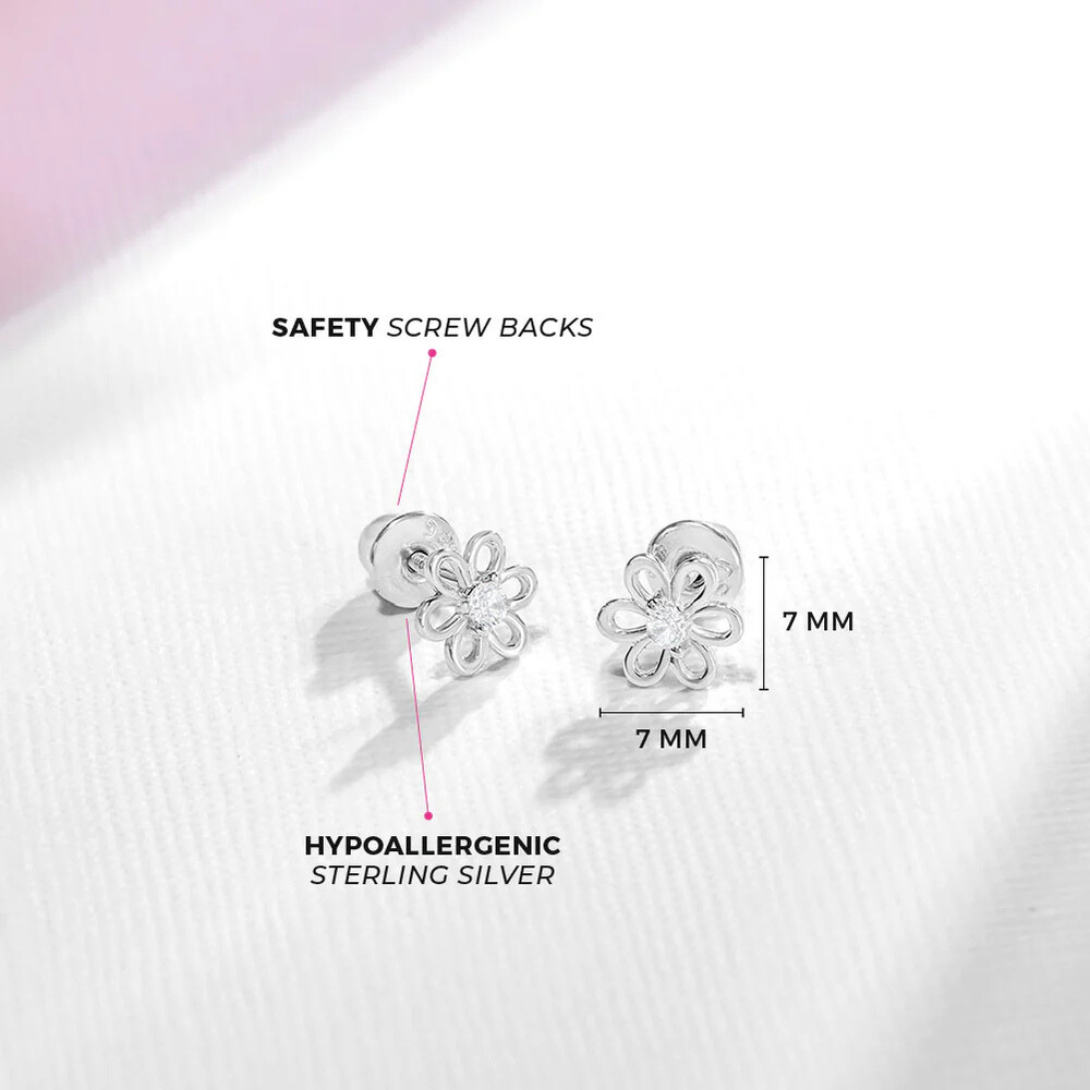 Blooming Spring Flower Earrings for Children with Cubic Zirconia and Sterling Silver