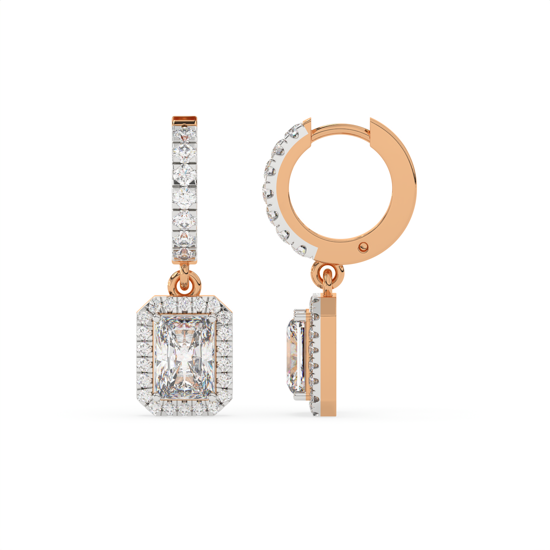 2.30 CT Emerald Cut Moissanite Halo Drop Earrings in 925 Sterling Silver with Gold Vermeil