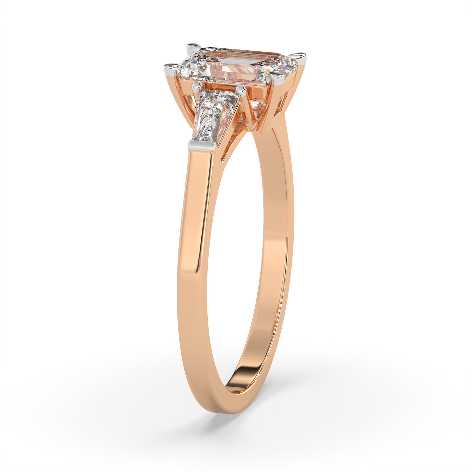 1.3 CT Emerald Cut Moissanite Trilogy Engagement Ring with Tapered Baguette Side Stones in 925 Sterling Silver