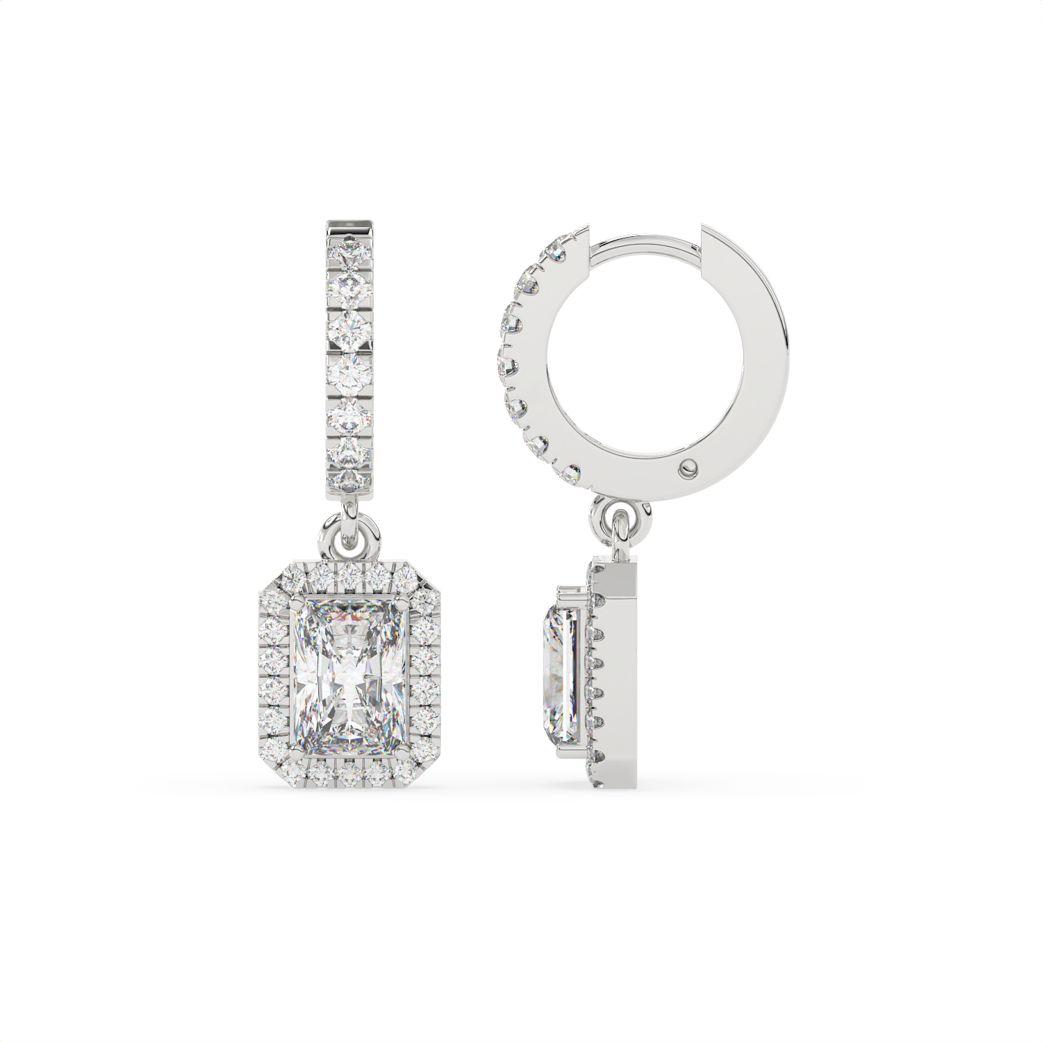 2.30 CT Emerald Cut Moissanite Halo Drop Earrings in 925 Sterling Silver with Gold Vermeil