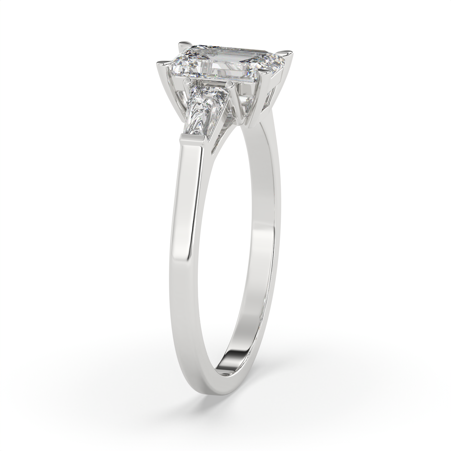 1.3 CT Emerald Cut Moissanite Trilogy Engagement Ring with Tapered Baguette Side Stones in 925 Sterling Silver