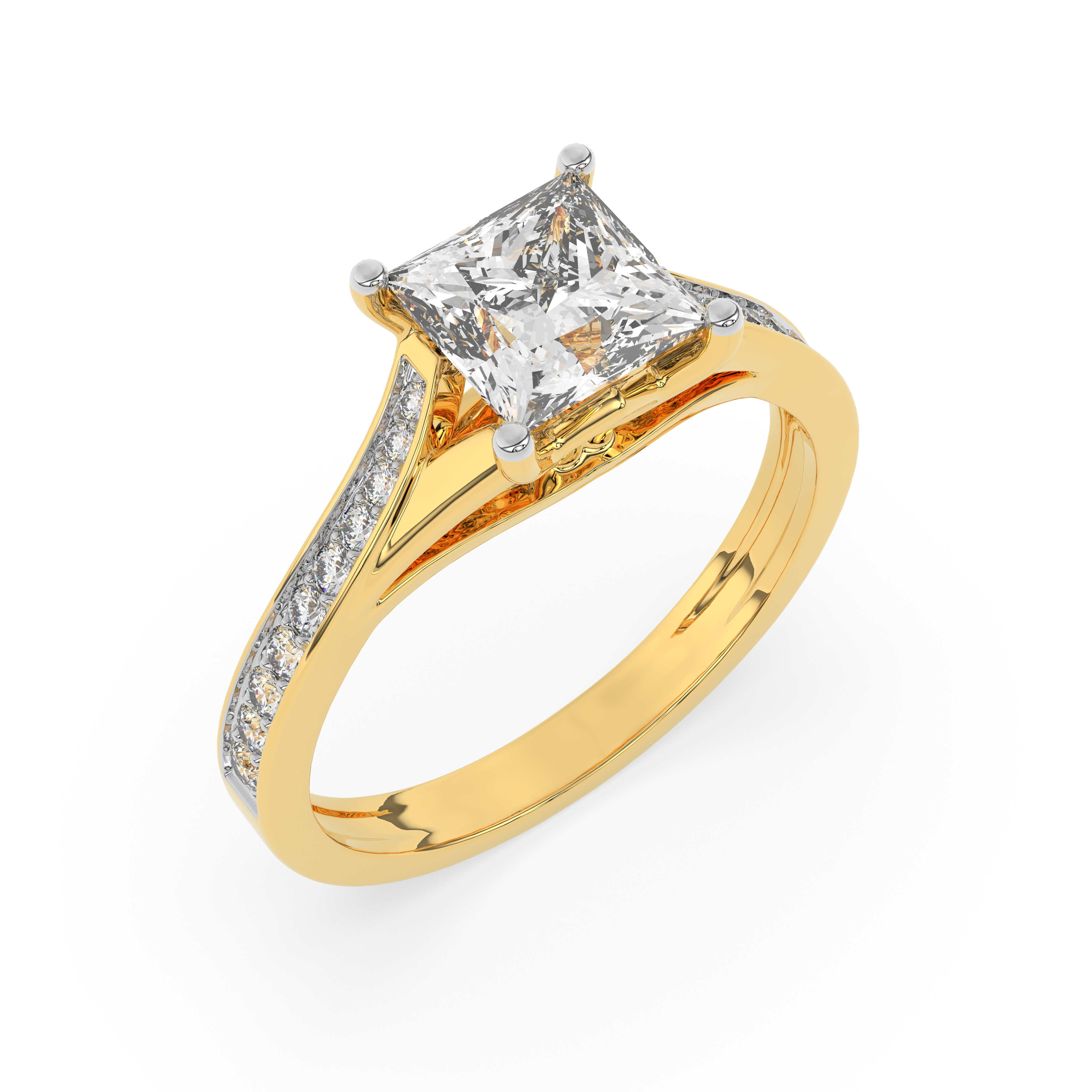 1.03 CARAT Square Moissanite Solitaire with Side Accents Engagement Ring in 14K Yellow Gold Plated
