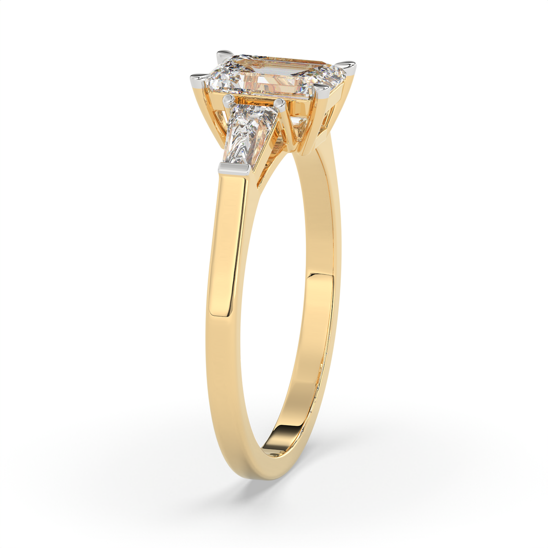 1.3 CT Emerald Cut Moissanite Trilogy Engagement Ring with Tapered Baguette Side Stones in 925 Sterling Silver