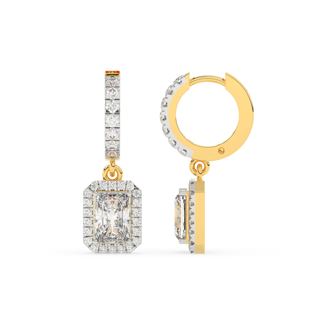 2.30 CT Emerald Cut Moissanite Halo Drop Earrings in 925 Sterling Silver with Gold Vermeil