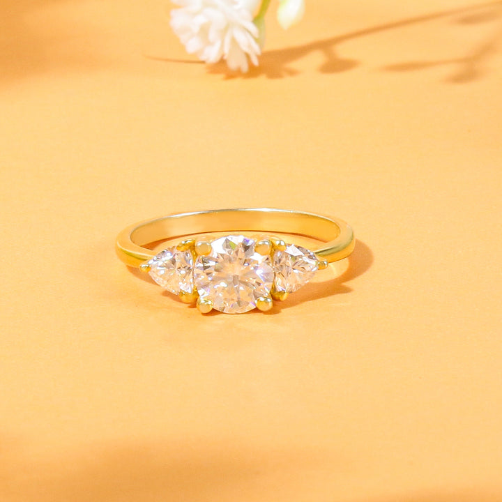1 CARAT Round Moissanite Signature Hearts & Arrows Round Three Stone Ring in 14K Yellow Gold Plated