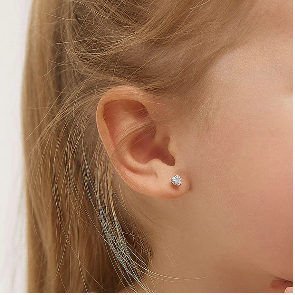 Bezel Set Cubic Zirconia Heart Stud Earrings for Baby Girls in 14K Gold Plated Sterling Silver