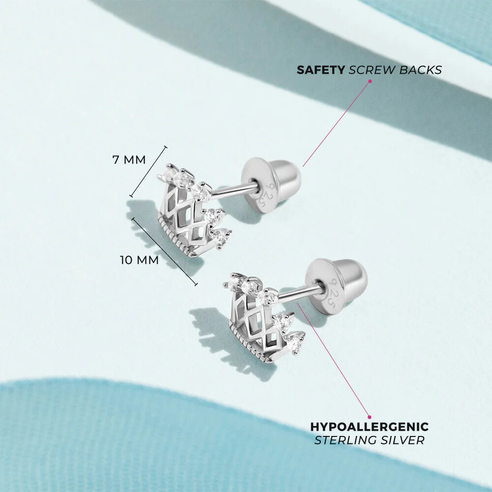 Sterling Silver 5-Point CZ Crown Earrings for Girls with Cubic Zirconia