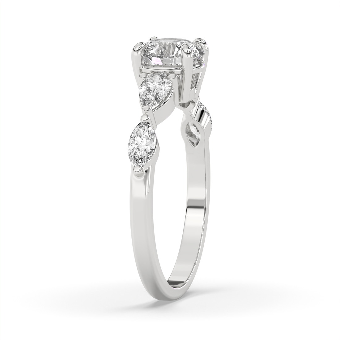1.5 CT Round Brilliant Cut Moissanite Engagement Ring with Marquise & Pear Side Stones in 925 Sterling Silver