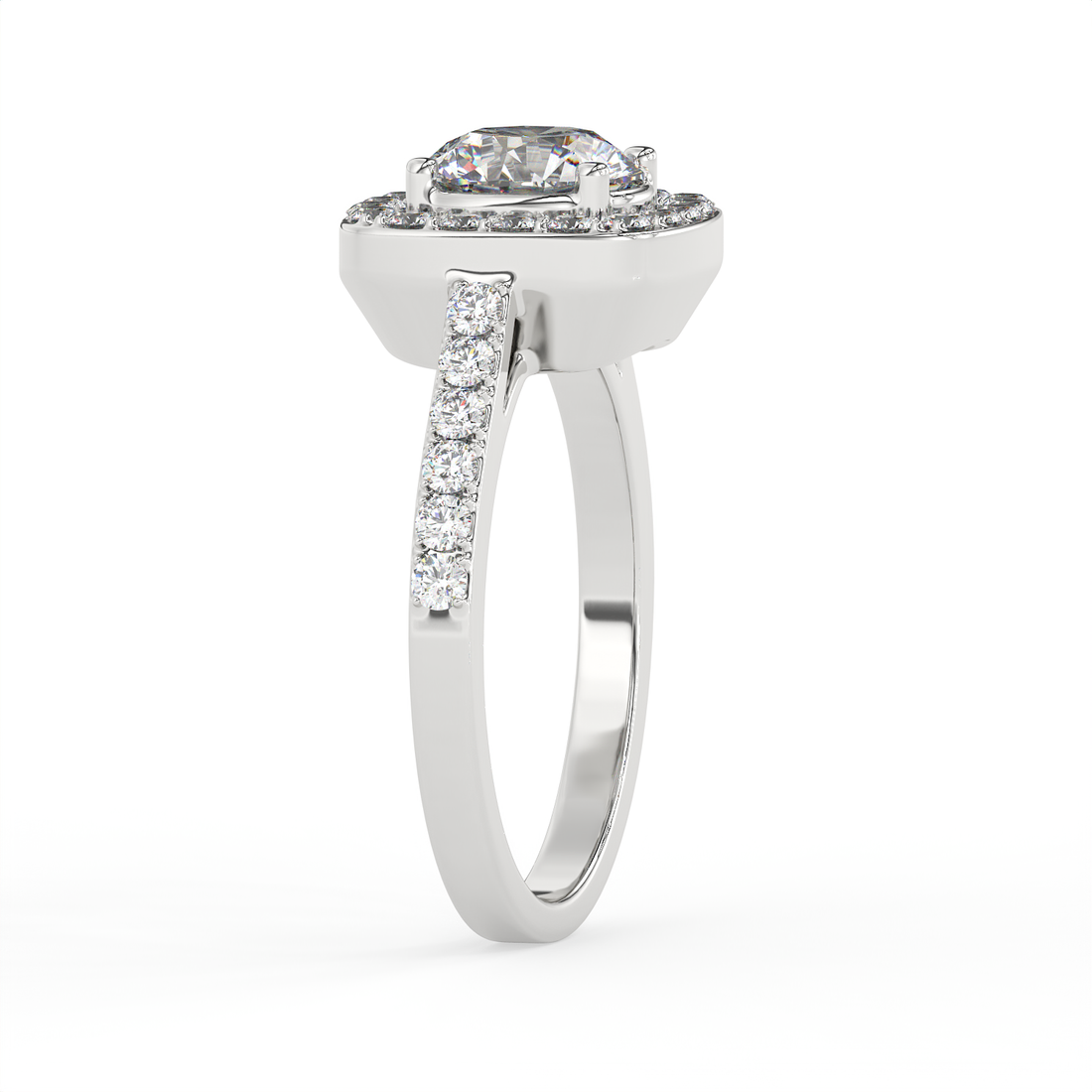1.5 CT Round Cut Moissanite Halo Engagement Ring with Pavé Side Accents in 925 Sterling Silver with 14K Gold Vermeil Plating