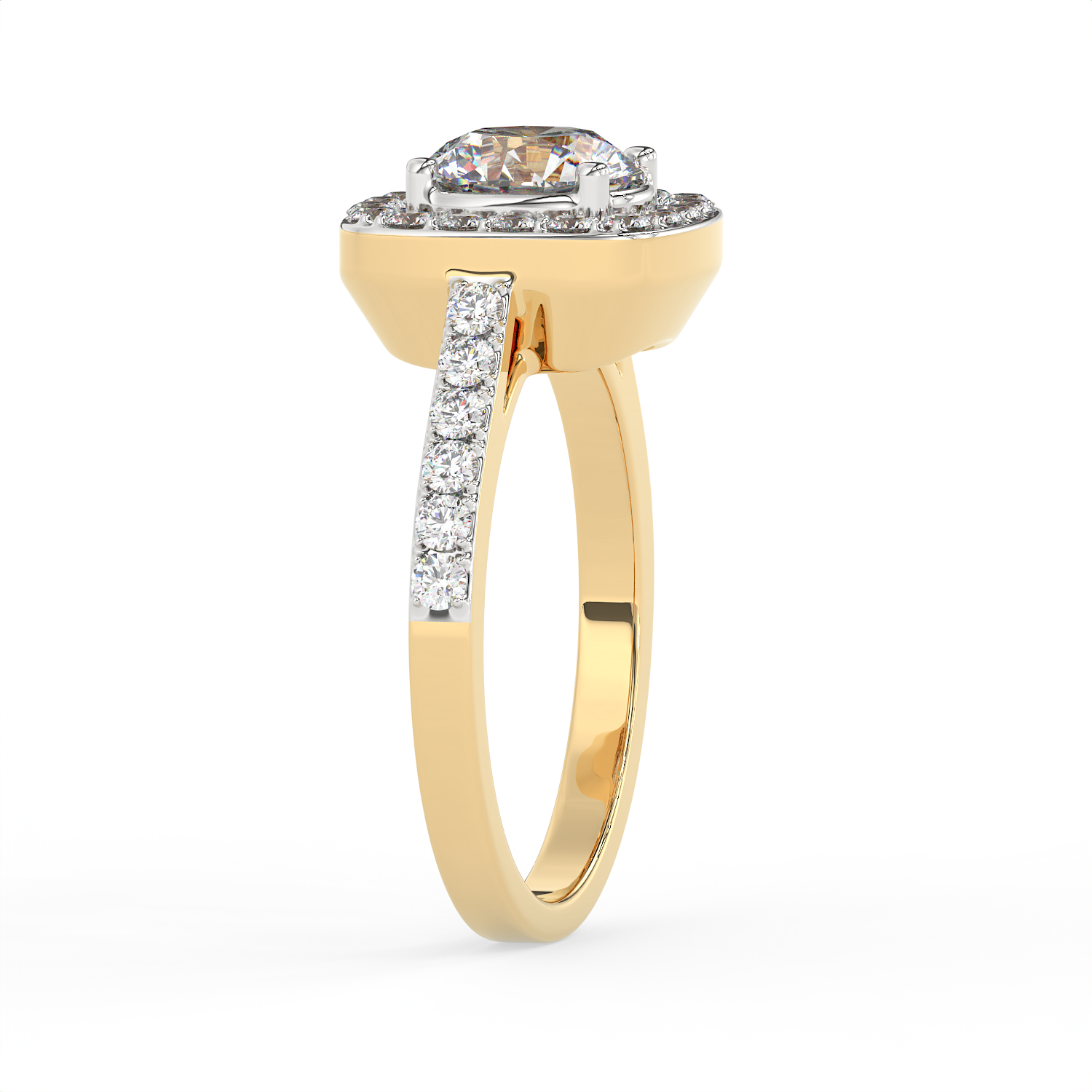 1.5 CT Round Cut Moissanite Halo Engagement Ring with Pavé Side Accents in 925 Sterling Silver with 14K Gold Vermeil Plating