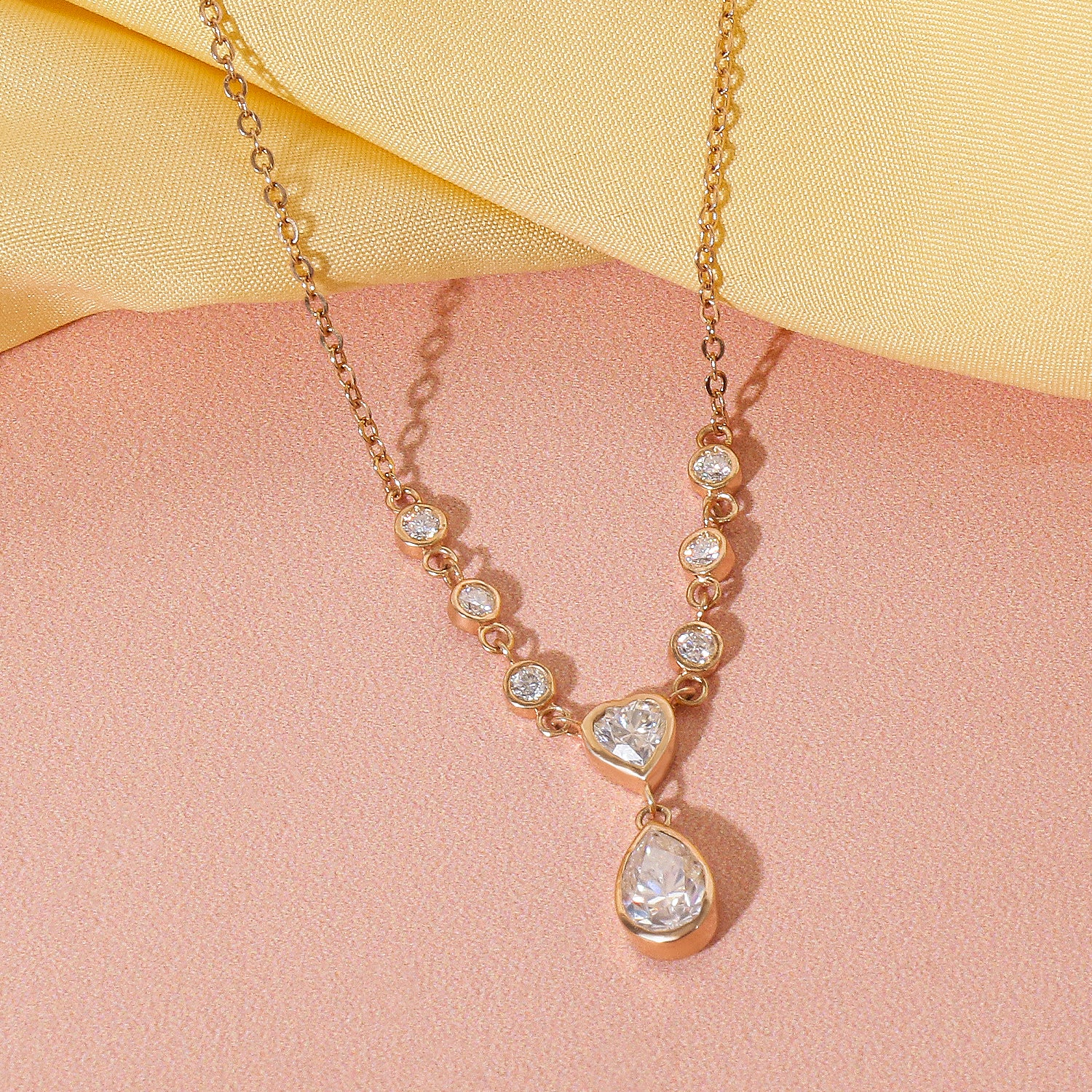 Heart & Pear Cut Moissanite Diamond Drop Necklace Set in 14K Gold Plated