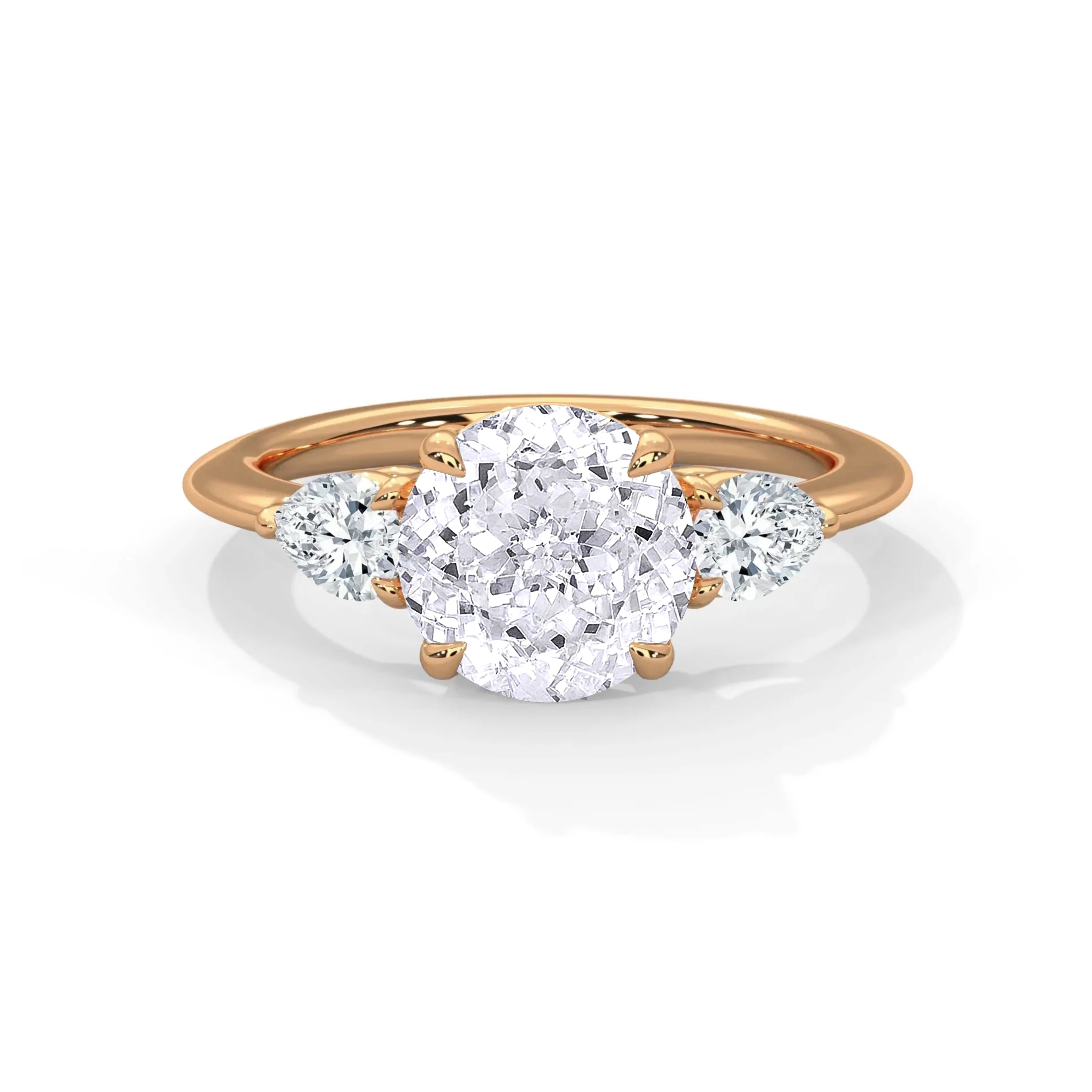 1.50 CT Round Portuguese Cut Moissanite Three Stone Engagement Ring with Pear Side Stones in 925 Sterling Silver
