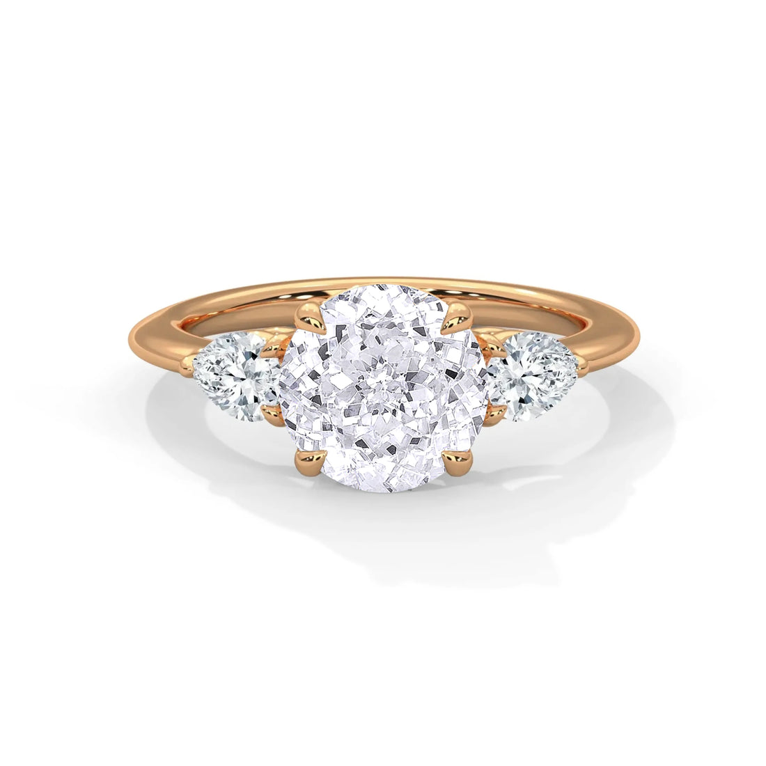 1.50 CT Round Portuguese Cut Moissanite Three Stone Engagement Ring with Pear Side Stones in 925 Sterling Silver