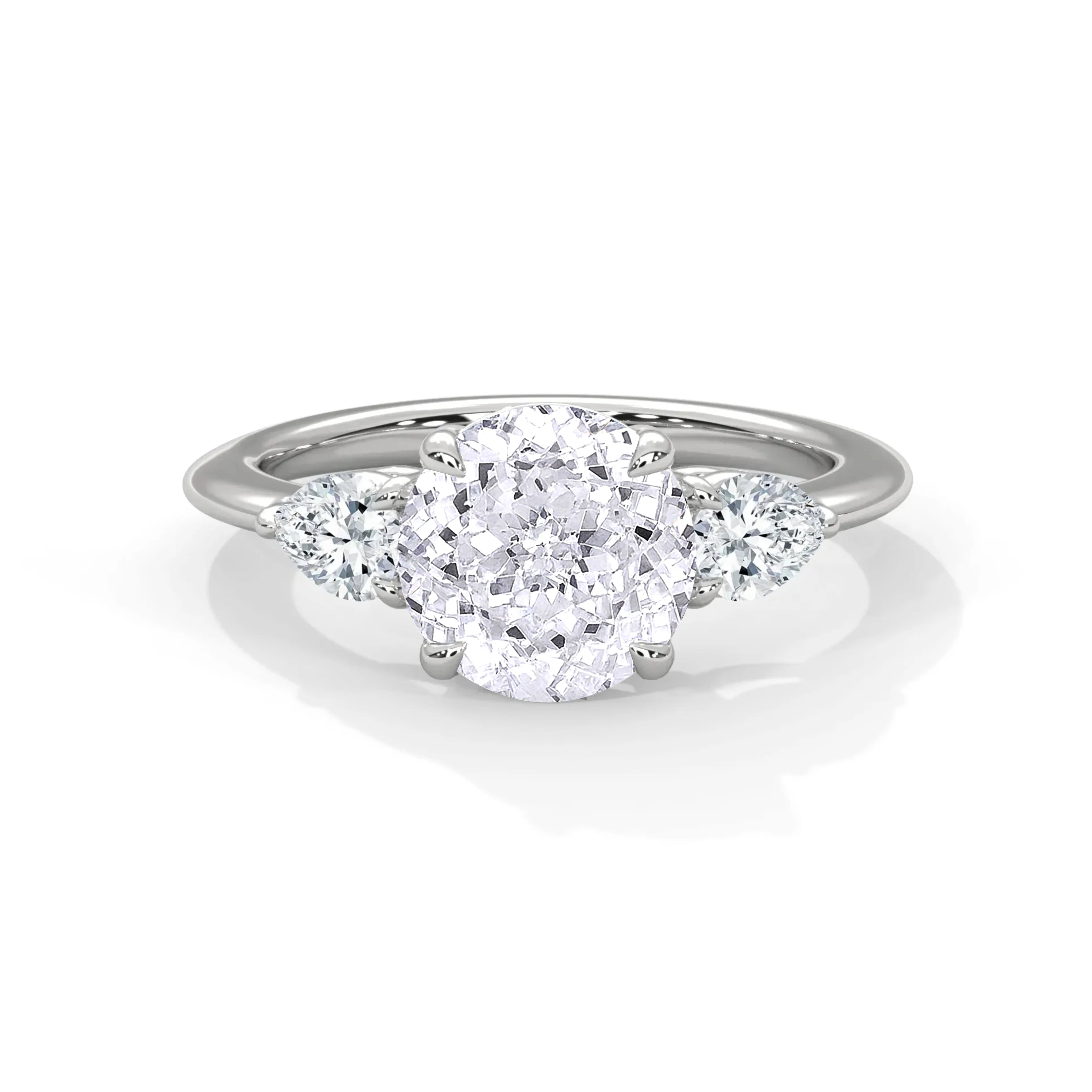 1.50 CT Round Portuguese Cut Moissanite Three Stone Engagement Ring with Pear Side Stones in 925 Sterling Silver