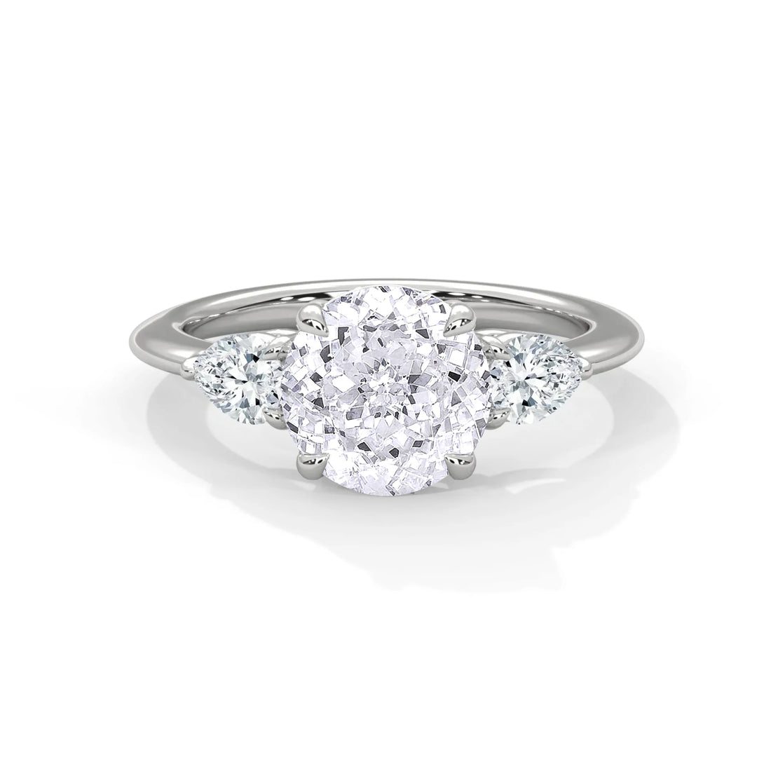 1.50 CT Round Portuguese Cut Moissanite Three Stone Engagement Ring with Pear Side Stones in 925 Sterling Silver