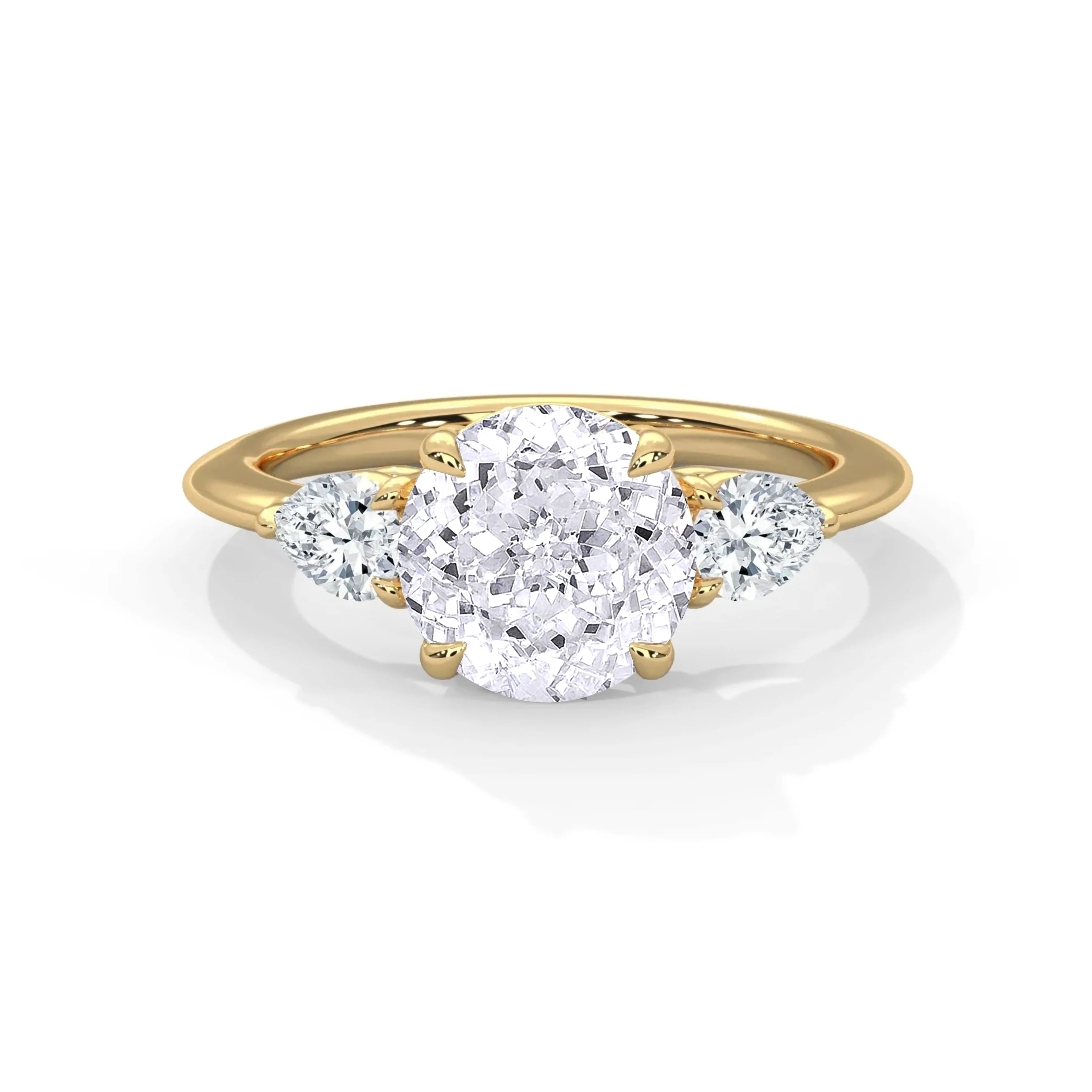 1.50 CT Round Portuguese Cut Moissanite Three Stone Engagement Ring with Pear Side Stones in 925 Sterling Silver