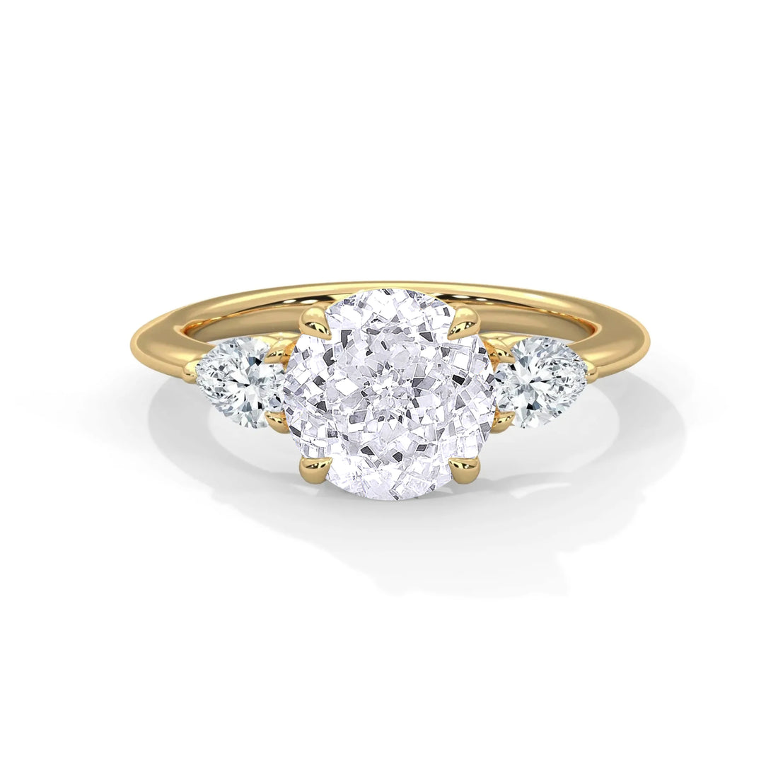 1.50 CT Round Portuguese Cut Moissanite Three Stone Engagement Ring with Pear Side Stones in 925 Sterling Silver