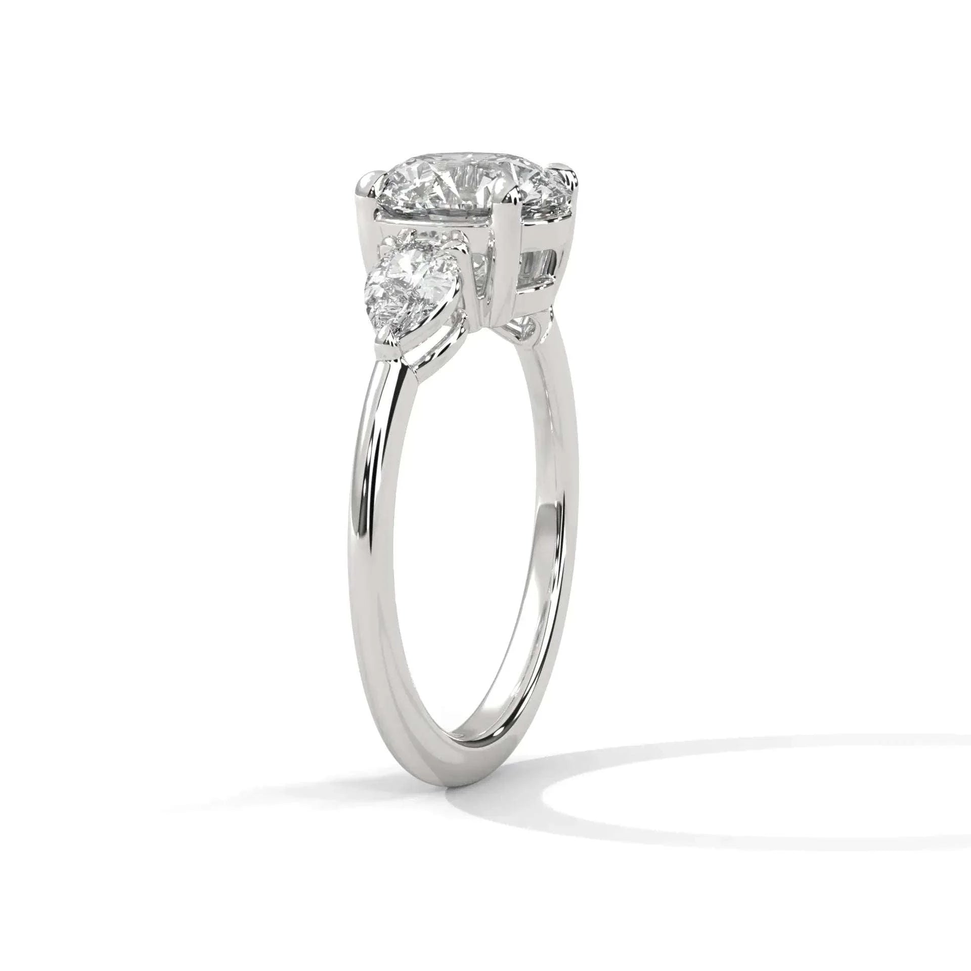 1.50 CT Round Portuguese Cut Moissanite Three Stone Engagement Ring with Pear Side Stones in 925 Sterling Silver