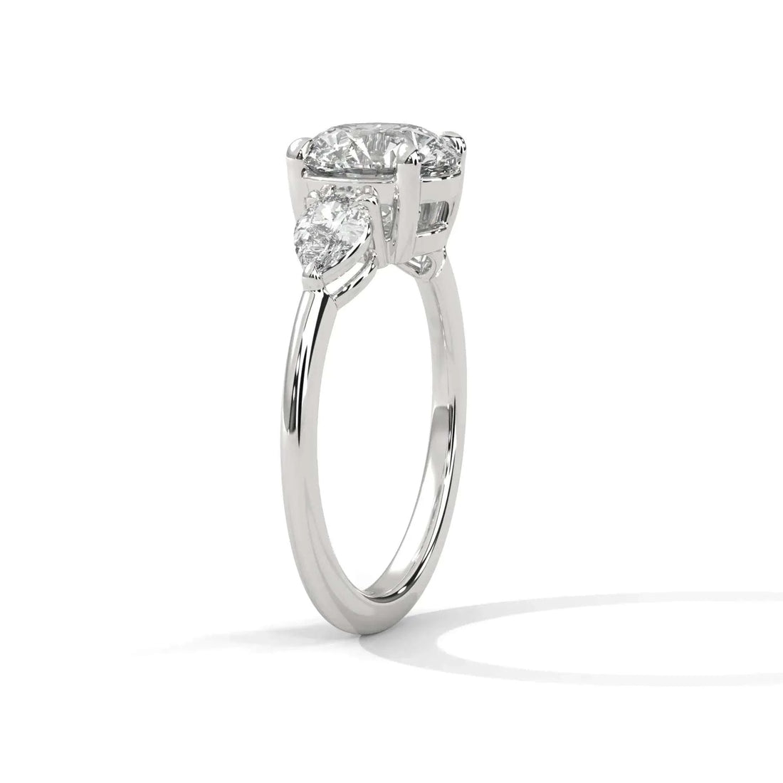 1.50 CT Round Portuguese Cut Moissanite Three Stone Engagement Ring with Pear Side Stones in 925 Sterling Silver