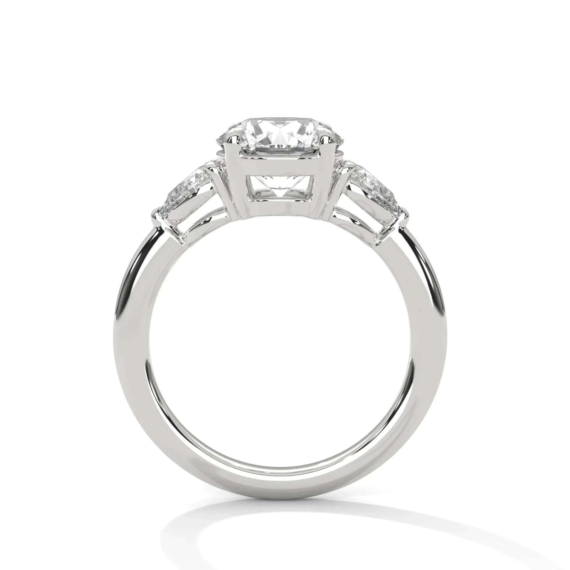 1.50 CT Round Portuguese Cut Moissanite Three Stone Engagement Ring with Pear Side Stones in 925 Sterling Silver