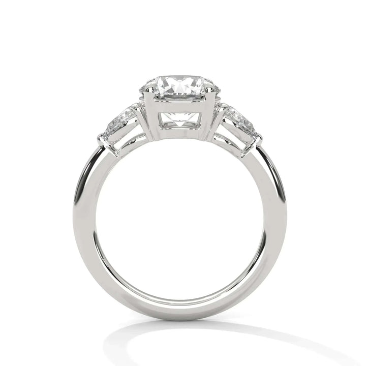 1.50 CT Round Portuguese Cut Moissanite Three Stone Engagement Ring with Pear Side Stones in 925 Sterling Silver
