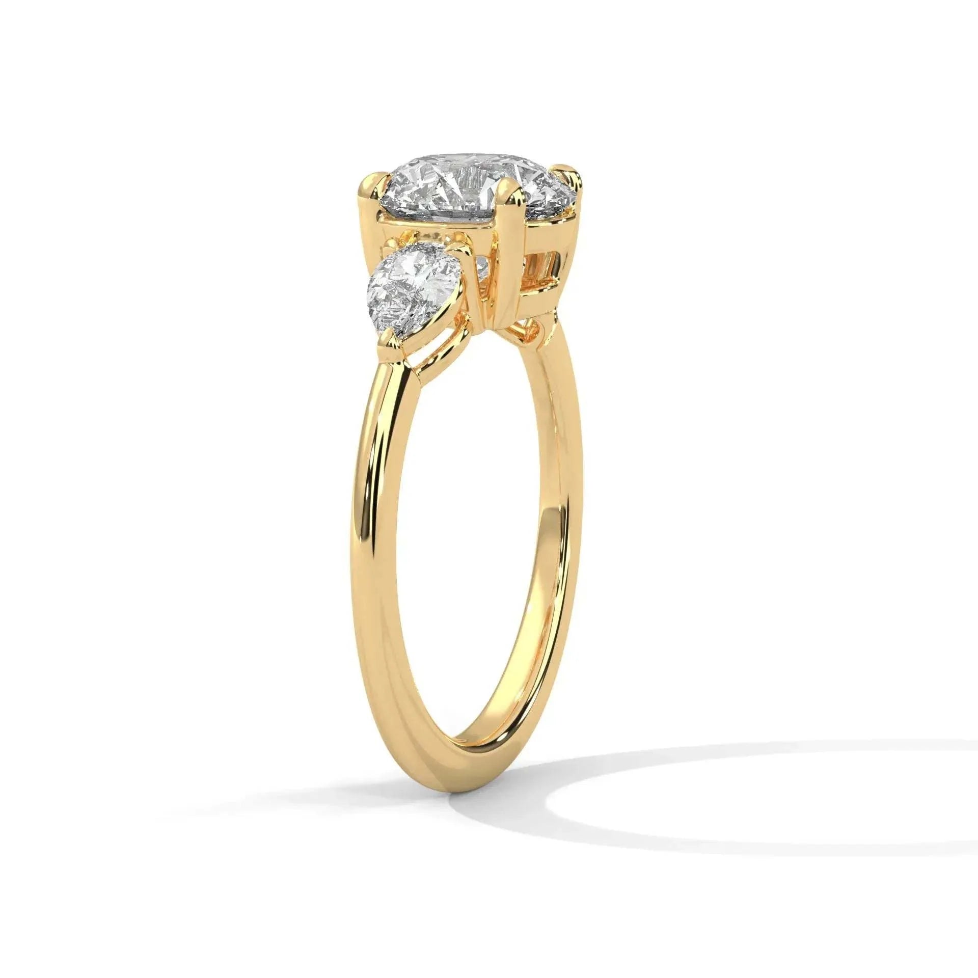 1.50 CT Round Portuguese Cut Moissanite Three Stone Engagement Ring with Pear Side Stones in 925 Sterling Silver