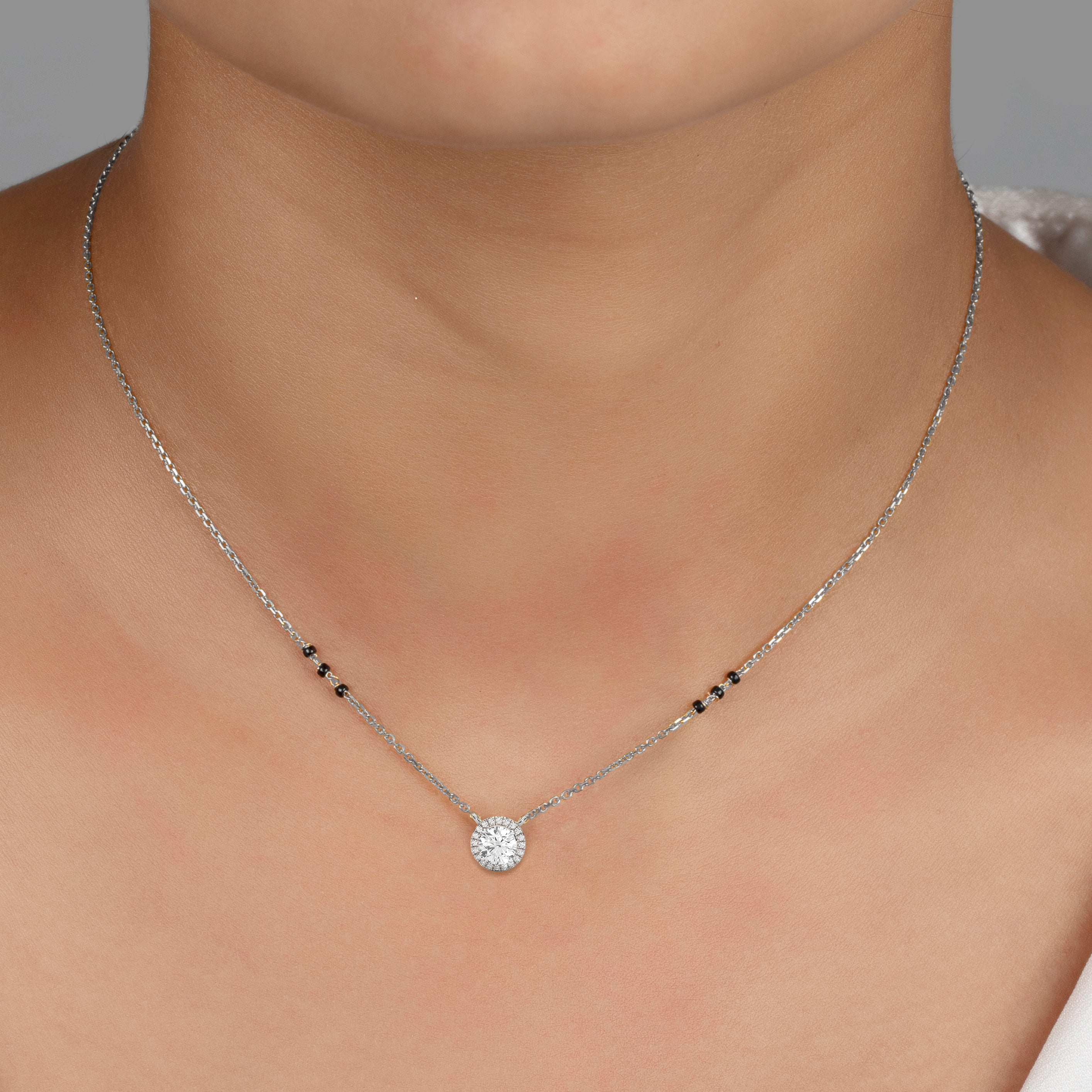 1 CARAT DEW Round Moissanite Cluster Halo Signature Mangalsutra in 14K Yellow Gold Plated