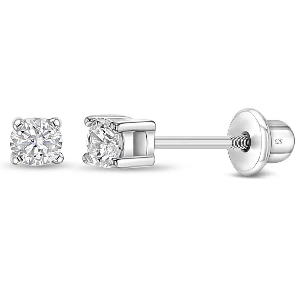Solitaire Screw Back Stud Earrings for Kids – Sterling Silver with Cubic Zirconia