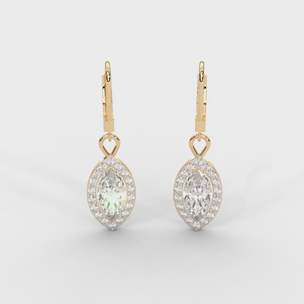 0.95 CARAT Marquise Moissanite Halo Drop Earrings in 14K White Gold Plated