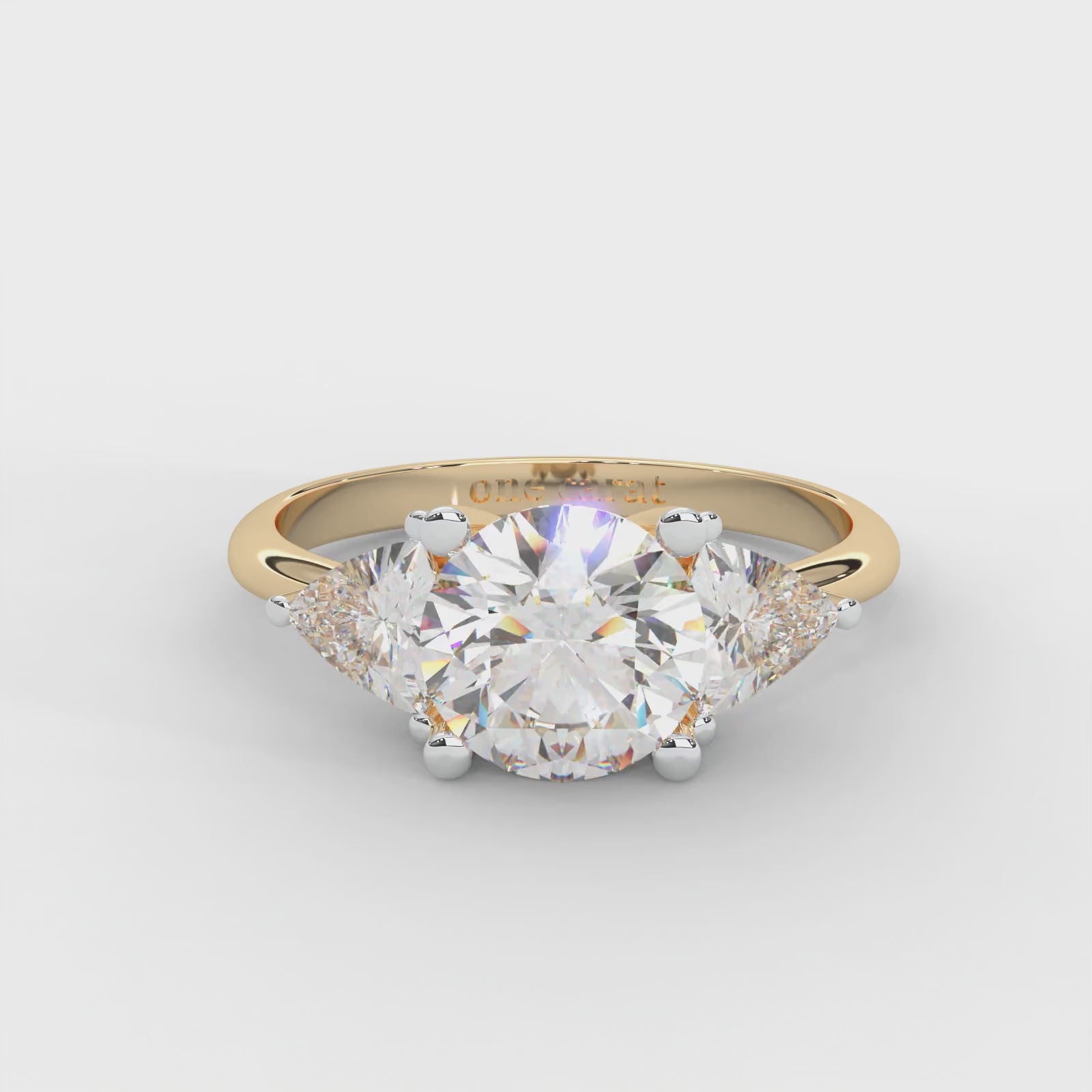 1 CARAT Round Moissanite Signature Hearts & Arrows Round Three Stone Ring in 14K Yellow Gold Plated