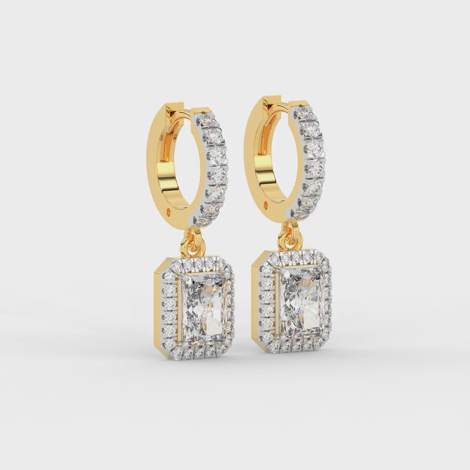 2.30 CT Emerald Cut Moissanite Halo Drop Earrings in 925 Sterling Silver with Gold Vermeil